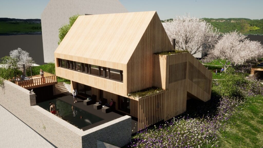 Vizualizace CLT dřevostavby s dřevěnou fasádou, terasou a jezírkem
