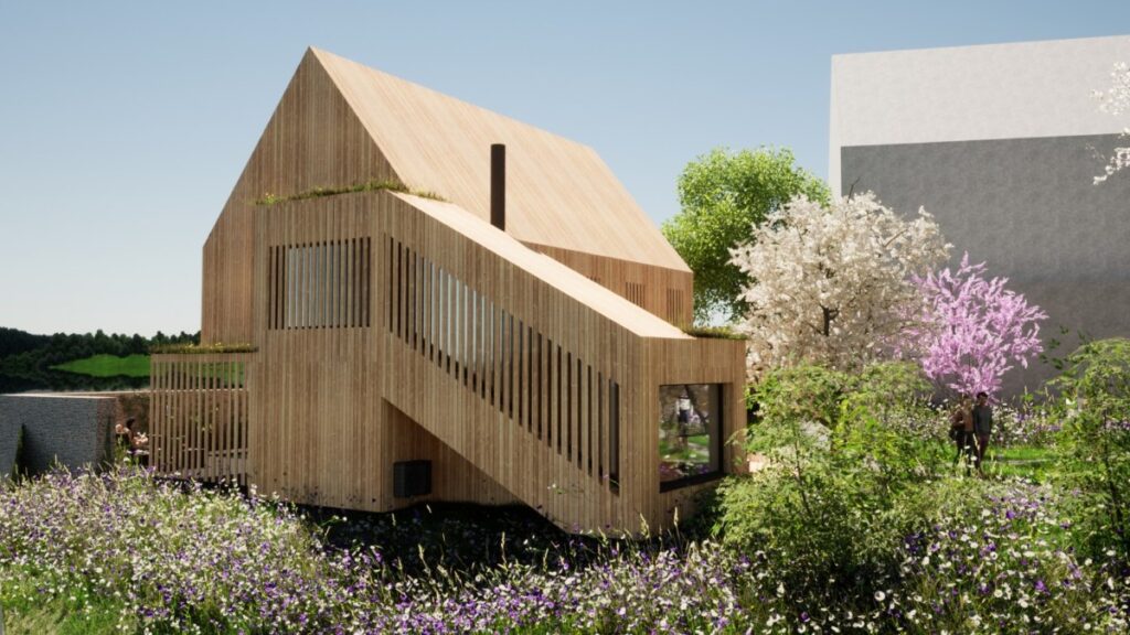 Vizualizace dřevostavby s venkovním schodištěm a dřevěnou fasádou v zahradě