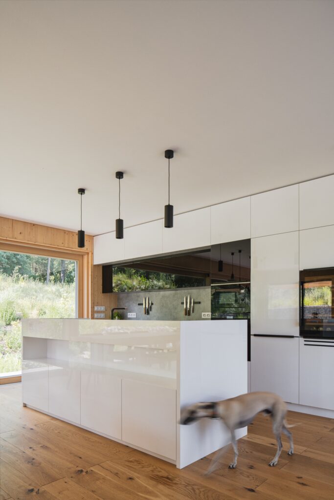 Bílá kuchyň s ostrůvkem a dřevěnou podlahou v interiéru moderní dřevostavby