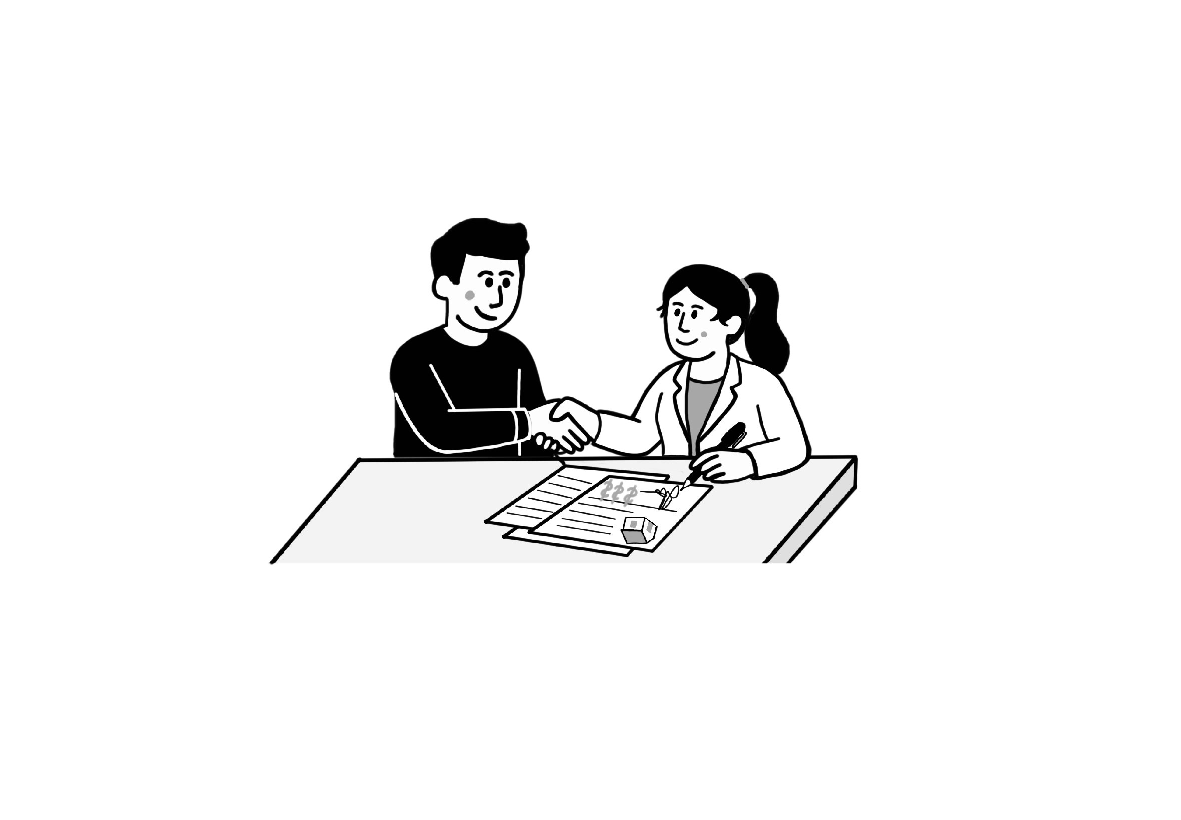 Ilustrace podání ruky nad stavební smlouvou při přípravě realizace