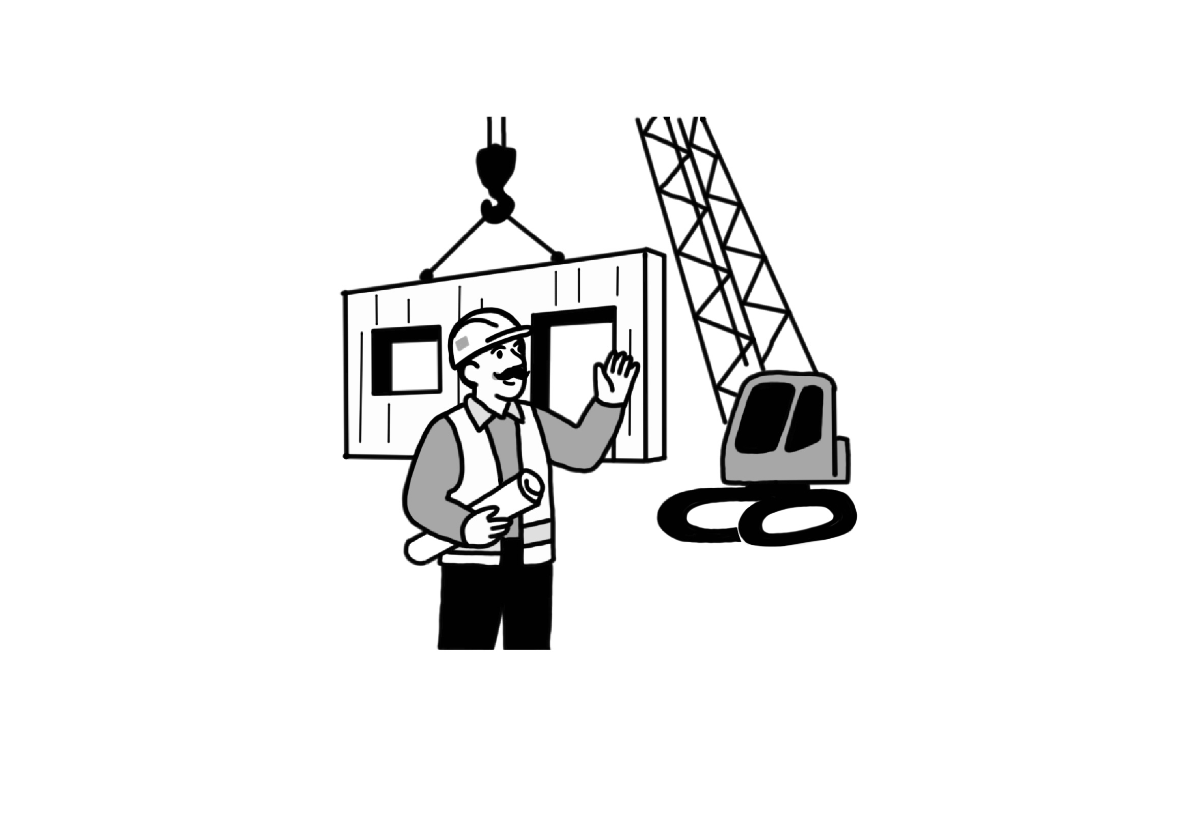 Ilustrace montáže CLT panelu pomocí jeřábu při realizaci stavby