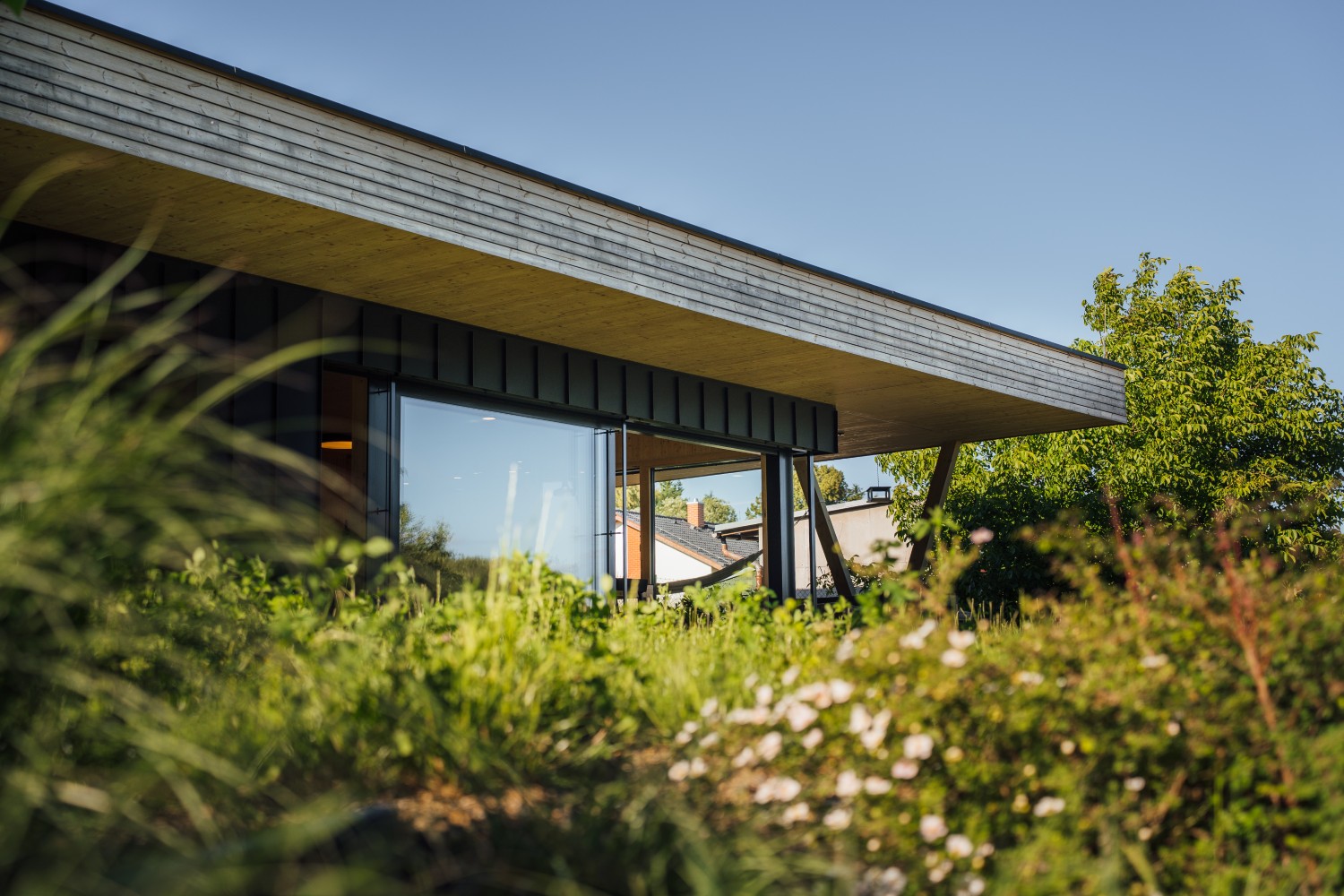 Detail dřevostavby s velkým oknem a zelení v zahradě