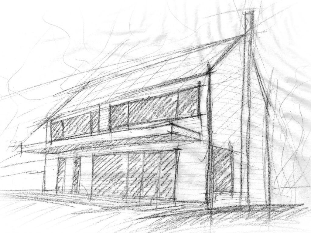 Ručně kreslená architektonická studie dvoupodlažní dřevostavby se sedlovou střechou