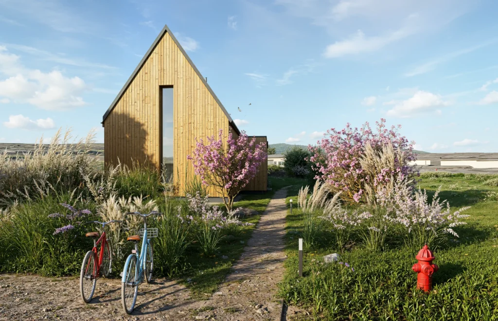 Exteriér moderní dřevostavby projektu Za lány se sedlovou střechou, dřevěnou fasádou z ThermoWoodu a vysokým štítovým oknem. Na příjezdové cestě stojí dvě kola v rozkvetlé zahradě.