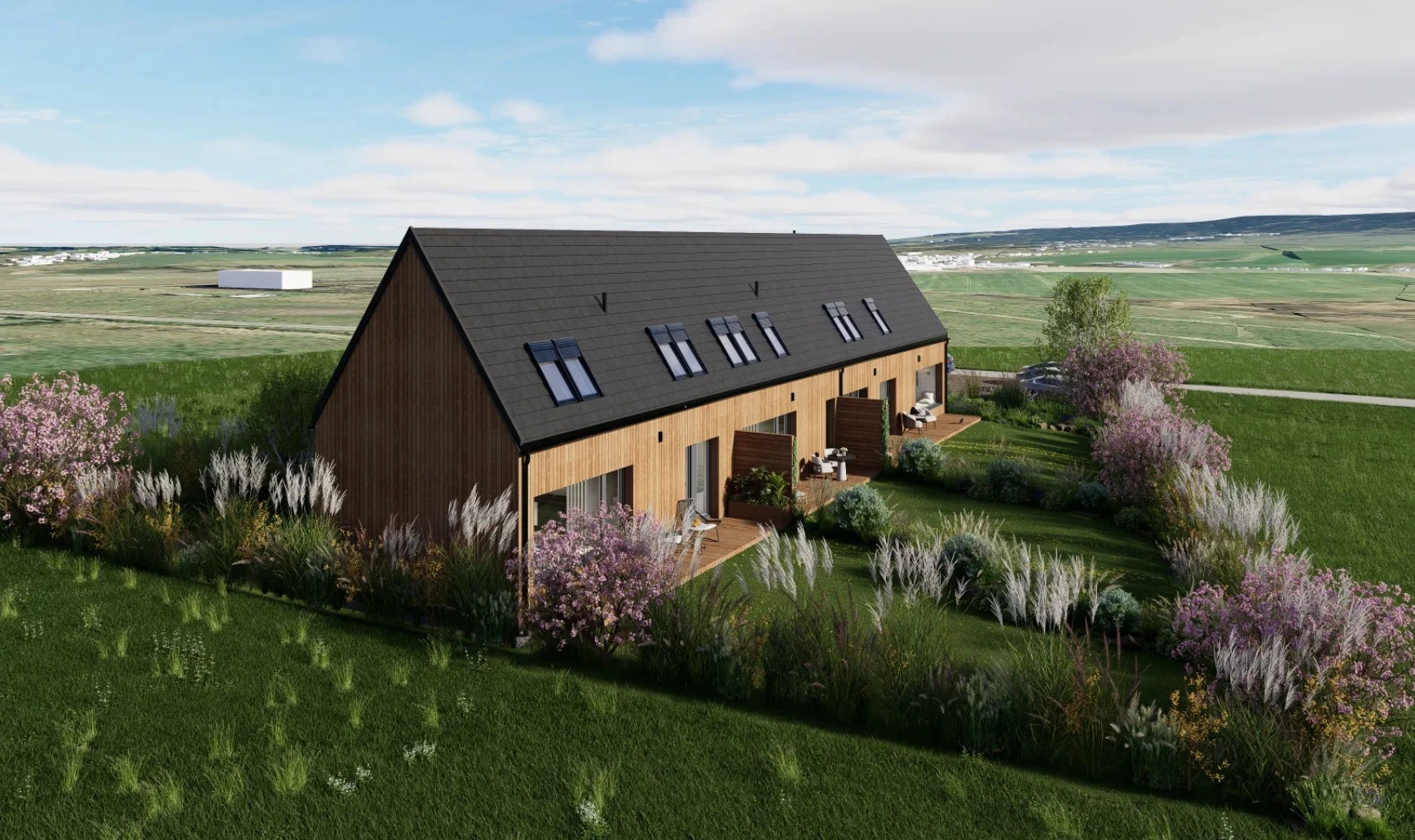 Moderní dřevostavba se třemi byty, soukromými terasami a zahradami v projektu Za lány u Brd.